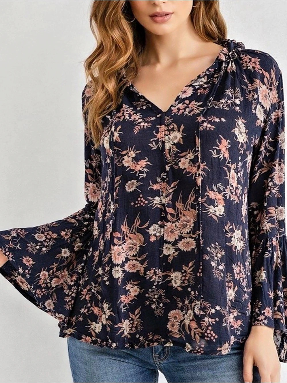 Lucky Brand Liane Floral Peasant Top Blue & Pink Boho Chic S